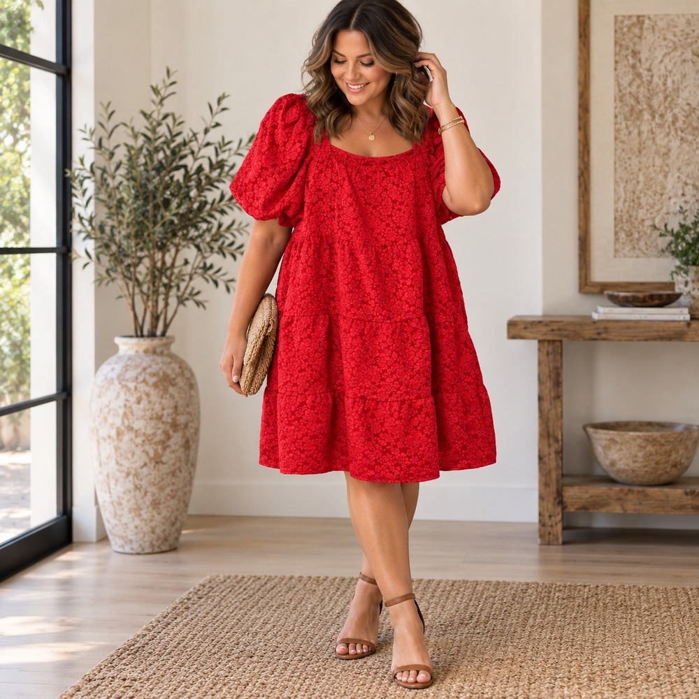 Southern Grace Red Floral Jacquard‎ Puff Sleeve Tiered Babydoll Dress 3XL New